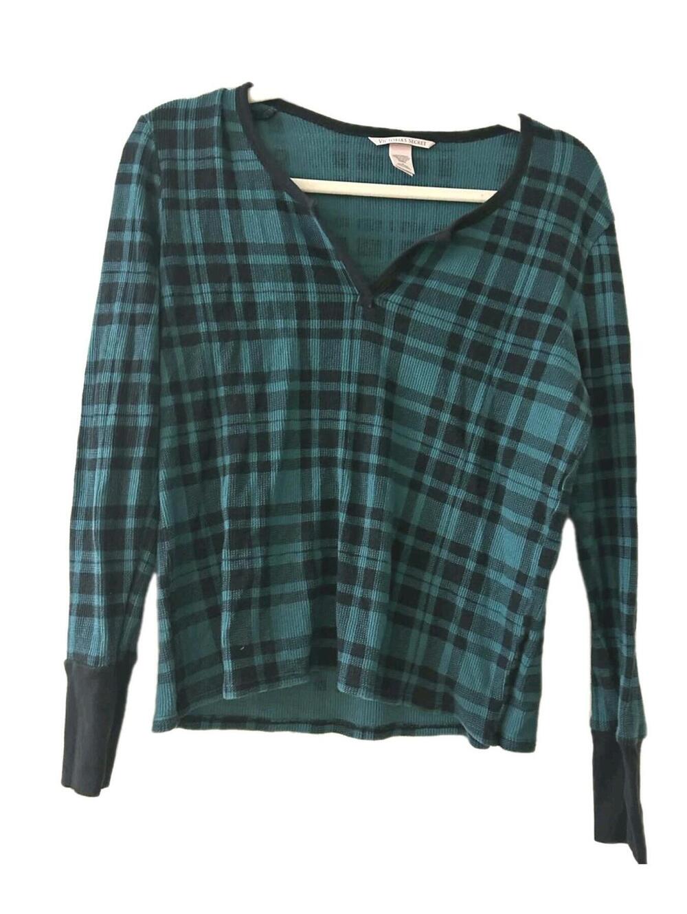 Victoria’s Secret Thermal Pajama Top Green & Black Plaid Rib Knit Women's Size M